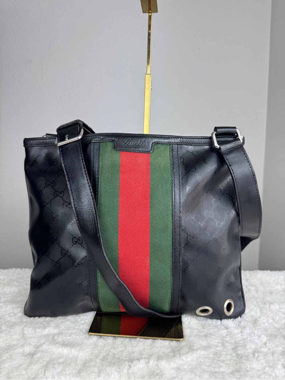 Gucci Black Leather Messenger Bag with Green & Red Web Center